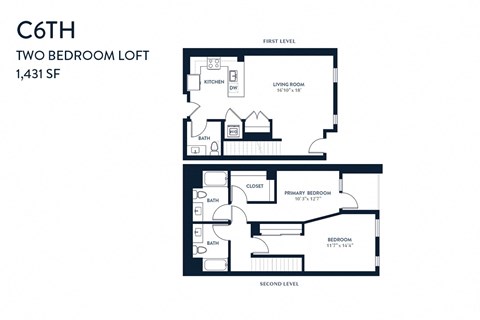 Floor plan for 2 beds, 2.5 baths, 1431 sqft